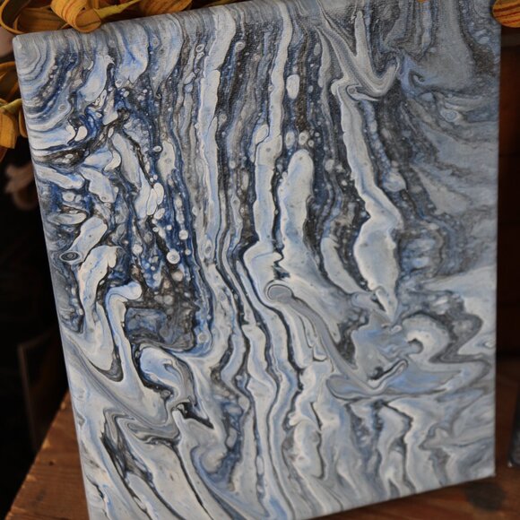 Set of Three Canvas Paintings * Set * Paint Pour * Blue / Black / White / Gray - Picture 3 of 7